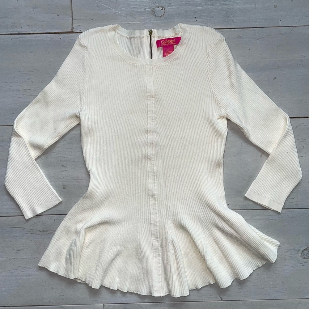 Catherine Malandrino Women's Long Sleeve Peplum Sweater Size M Off White Ribbed
